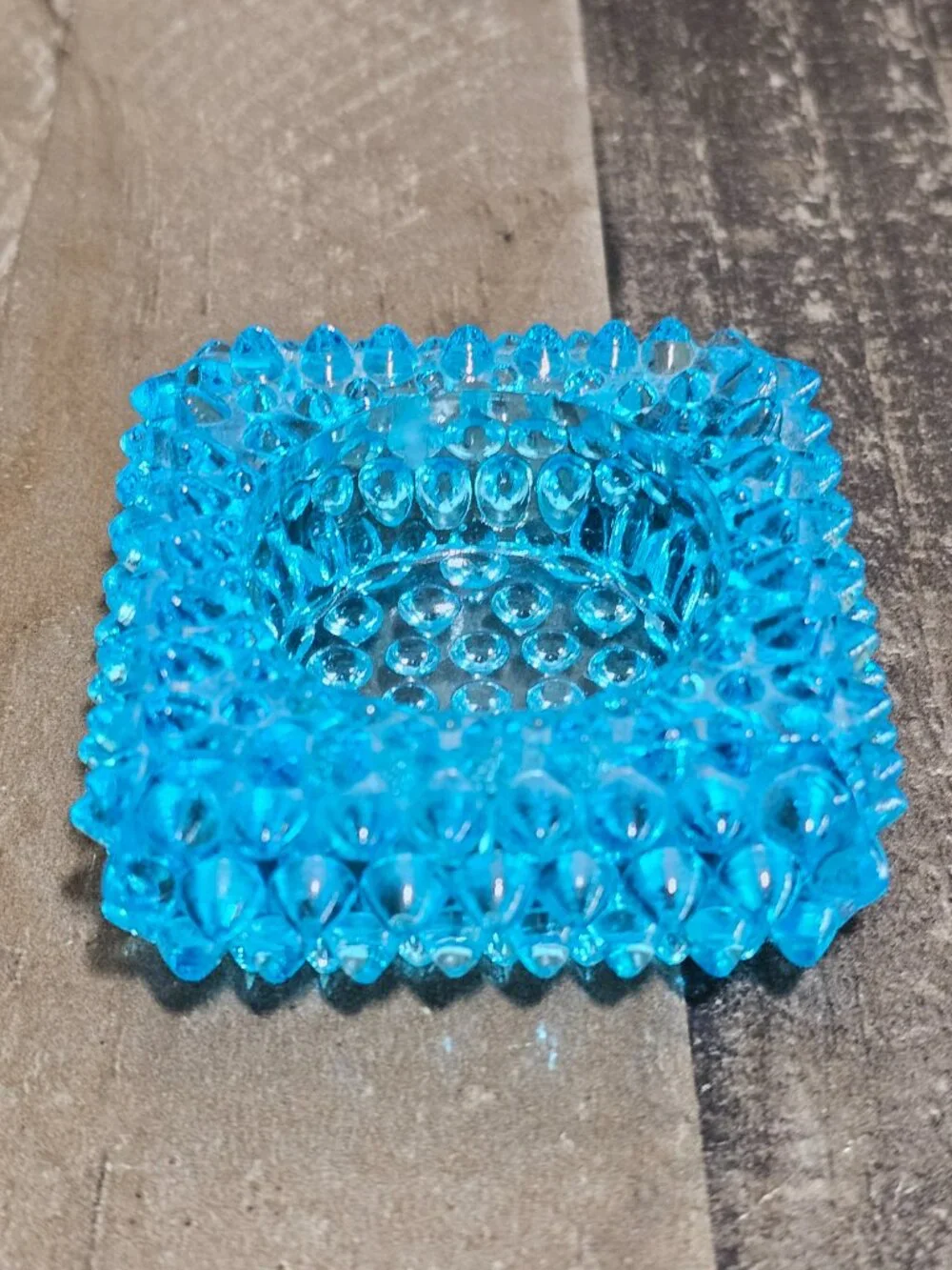 Vintage Fenton Blue Glass Votive Candle Holder Spike Hobnail Square